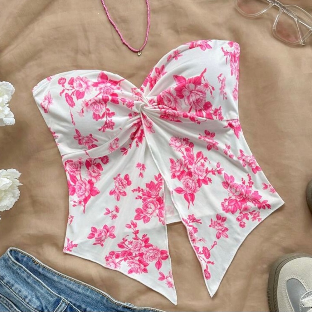 SHEIN Pink Floral Strapless Blouse